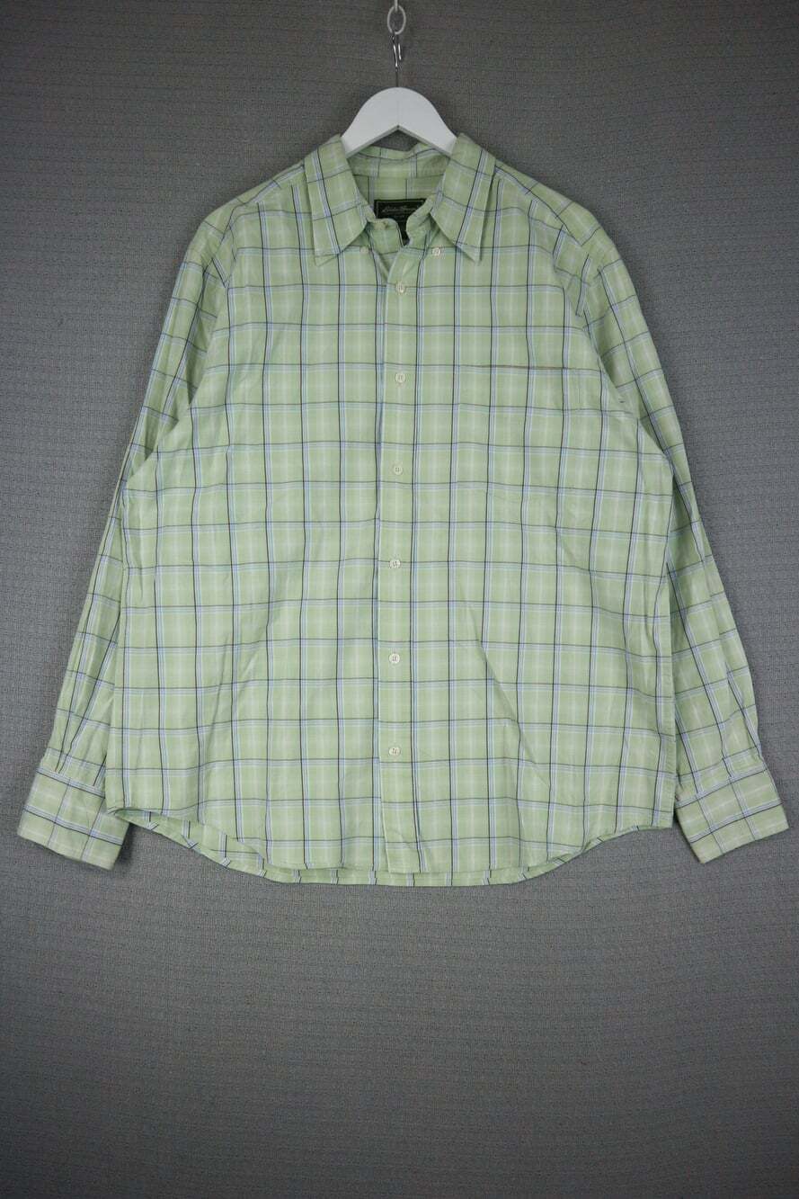 Eddie Bauer Men's Long Sleeve Button Down Shirt Green Plaid Size L 100% Cotton